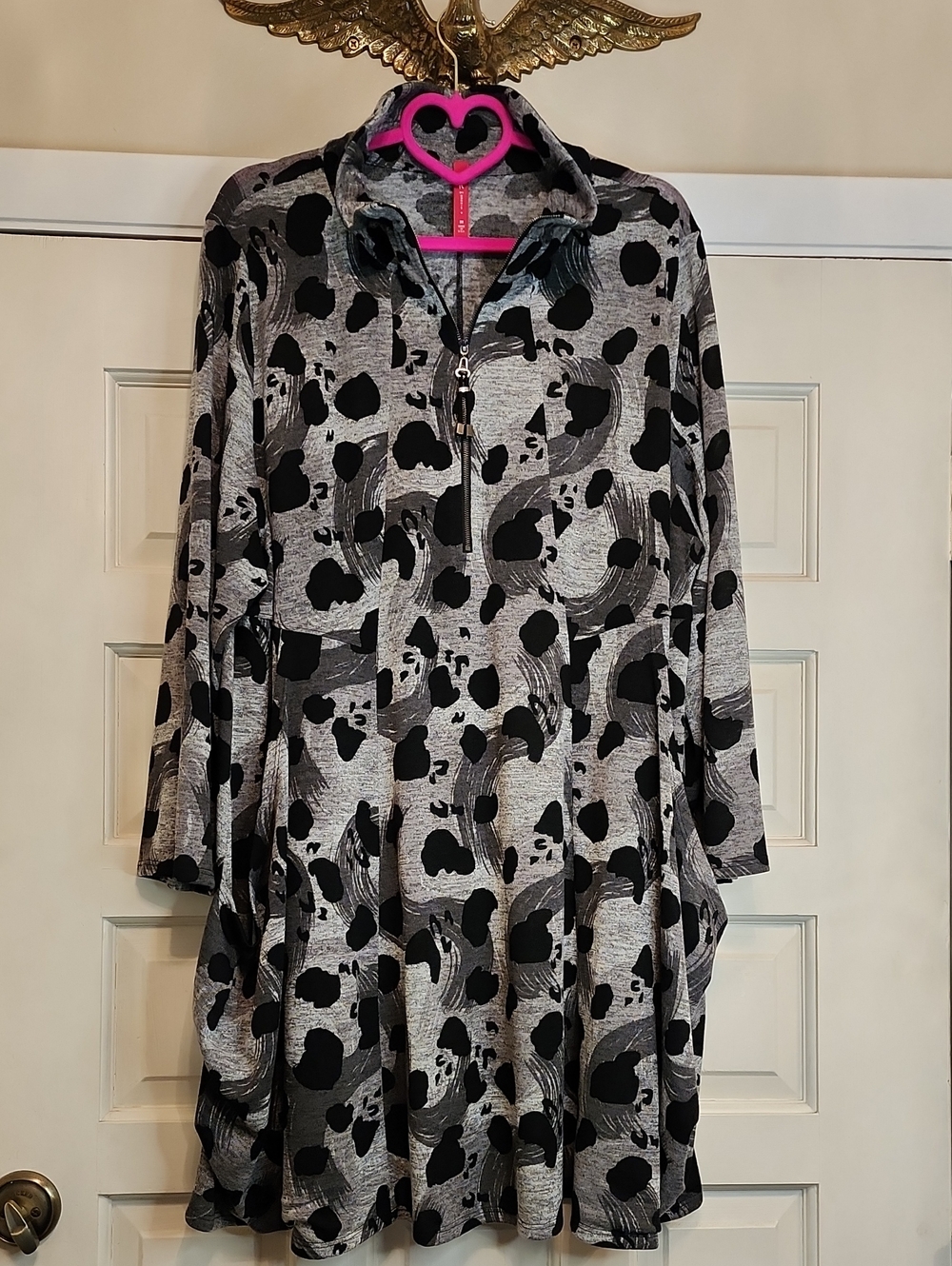 IC BY CONNIE K Gray Black Abstract Print Zip-Front Women's Dress Tunic Pockets